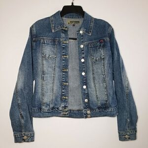 NWOT Vintage YUKA JEANS Denim Jacket Women's S/M  Blue w/ Rhinestone Logo Rare